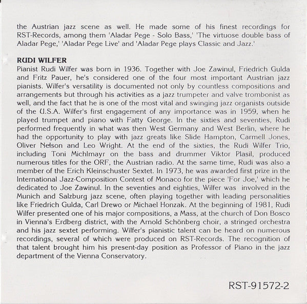 Rudi Wilfer, Aladár Pege, Fritz Pauer : Great Jazz Duos (CD, Comp)