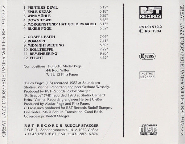 Rudi Wilfer, Aladár Pege, Fritz Pauer : Great Jazz Duos (CD, Comp)