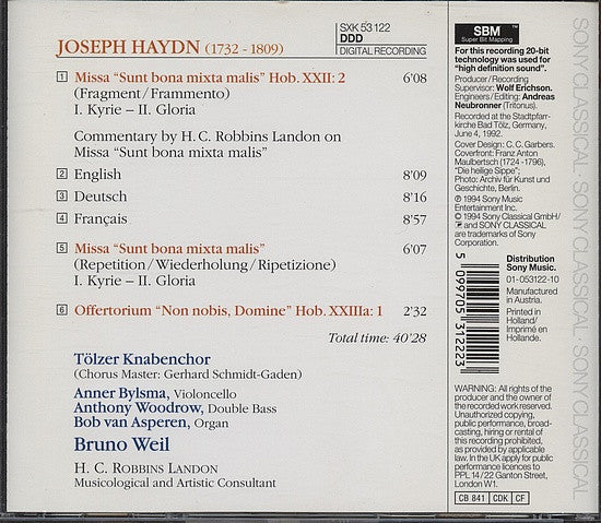 Joseph Haydn, Tölzer Knabenchor, Bruno Weil : Missa "Sunt Bona Mita Malis" / Offrtorium "Non Nobis, Domine" (CD, Album)