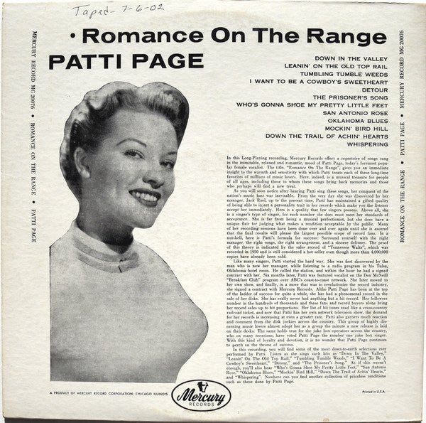 Patti Page : Romance On The Range (LP, Comp, Mono)