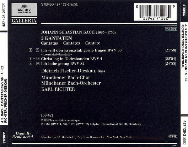 Johann Sebastian Bach - Dietrich Fischer-Dieskau, Karl Richter : Kantaten - Cantatas BWV 56 / BWV 4 / BWV 82 (CD, Comp, RM)