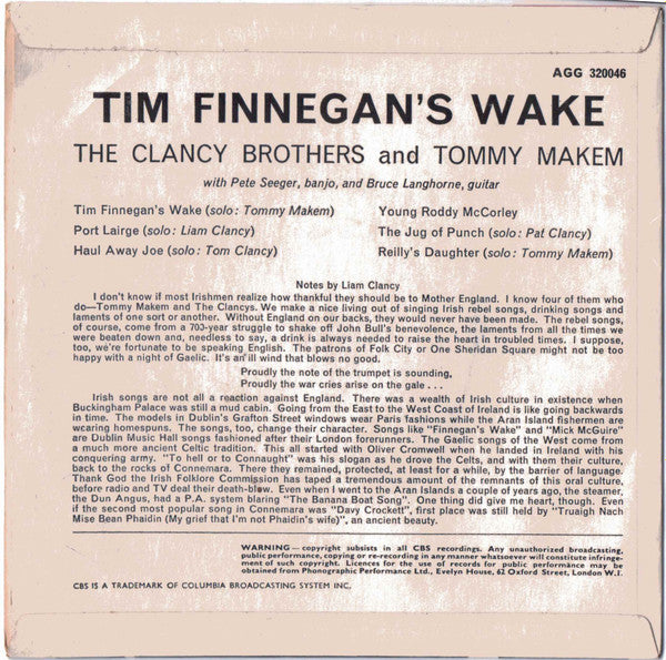 The Clancy Brothers & Tommy Makem : Tim Finnegan's Wake (7", EP, Pus)