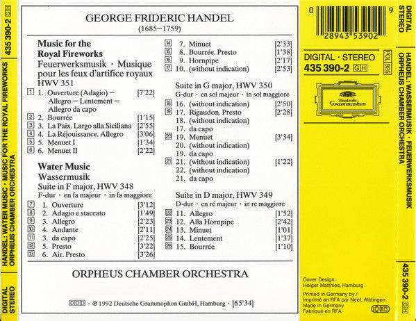 Georg Friedrich Händel - Orpheus Chamber Orchestra : Water Music · Music For The Royal Fireworks (CD, Album)