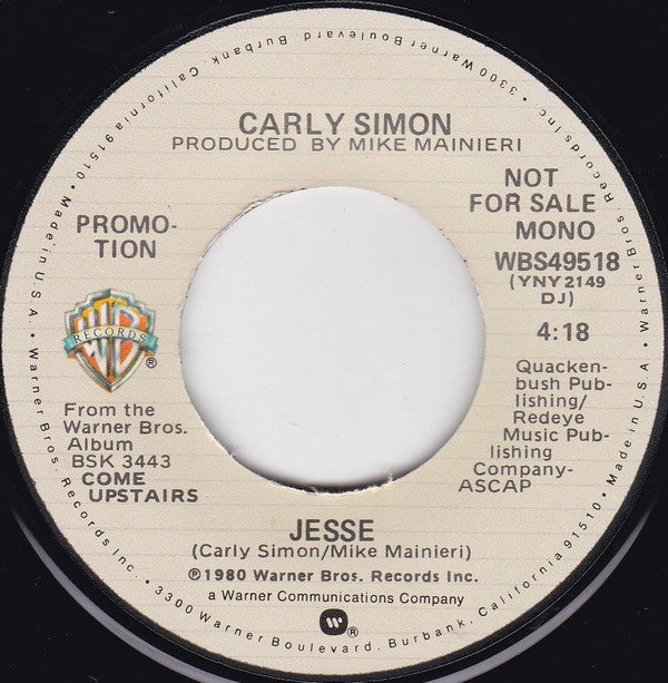 Carly Simon : Jesse (7", Single, Mono, Promo, Los)