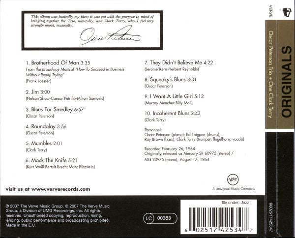 The Oscar Peterson Trio / Clark Terry : Oscar Peterson Trio + One (CD, Album, RE, RM, Dig)