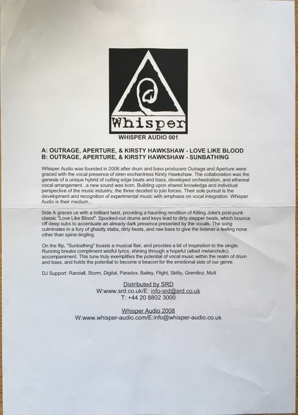 Outrage (4), Aperture & Kirsty Hawkshaw : Love Like Blood / Sunbathing (12", Promo, W/Lbl)
