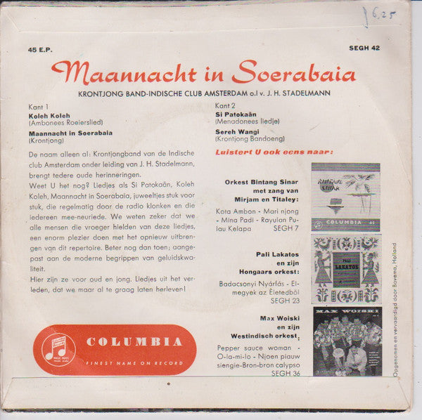 Krontjongband Indische Club Amsterdam o.l.v. J. H. Stadelmann : Maannacht in Soerabaia (7", EP, Mono)