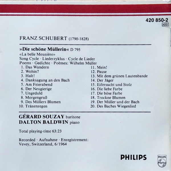Franz Schubert, Gérard Souzay, Dalton Baldwin : Die Schöne Müllerin (CD, Album, RE, RM)