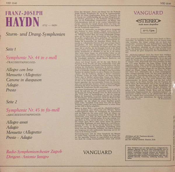 Joseph Haydn, Simfonijski Orkestar HRT-a, Antonio Janigro : The Sturm Und Drang Symphonies, Volume 1 (No.44 In E Minor, "Trauersymphonie" / No.45 In F Sharp Minor "Farewell Symphony")  (LP)