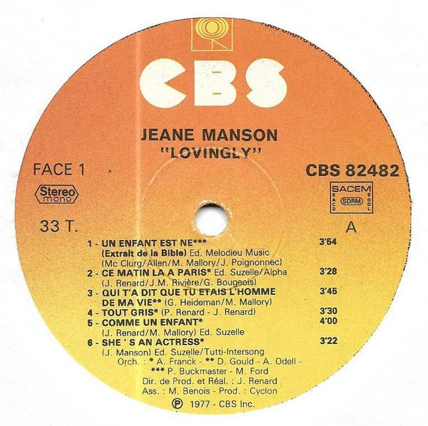 Jeane Manson : Lovingly (LP, Album, Gat)