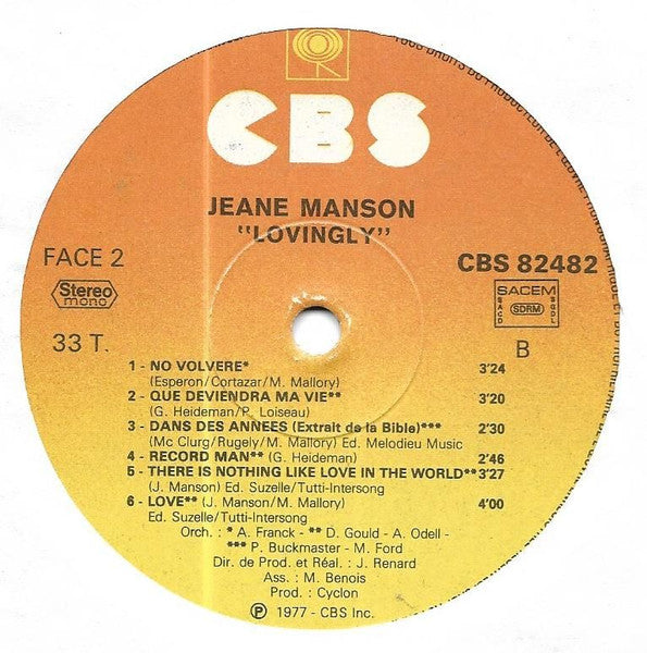 Jeane Manson : Lovingly (LP, Album, Gat)