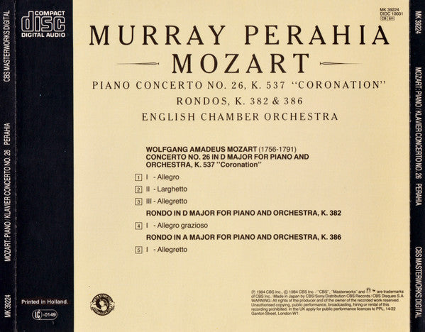 Wolfgang Amadeus Mozart - Murray Perahia, English Chamber Orchestra : Piano Concerto No. 26, K. 537 "Coronation" / Rondos, K. 382 & 386 (CD)