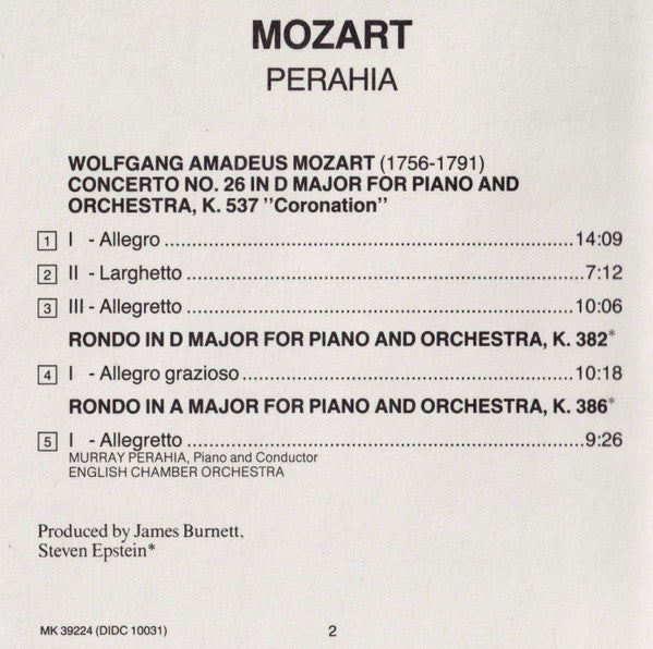 Wolfgang Amadeus Mozart - Murray Perahia, English Chamber Orchestra : Piano Concerto No. 26, K. 537 "Coronation" / Rondos, K. 382 & 386 (CD)