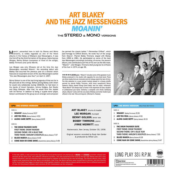 Art Blakey & The Jazz Messengers : Moanin' (LP, Album, RE, RM, 180 + LP, Album, Mono, RE, RM, )