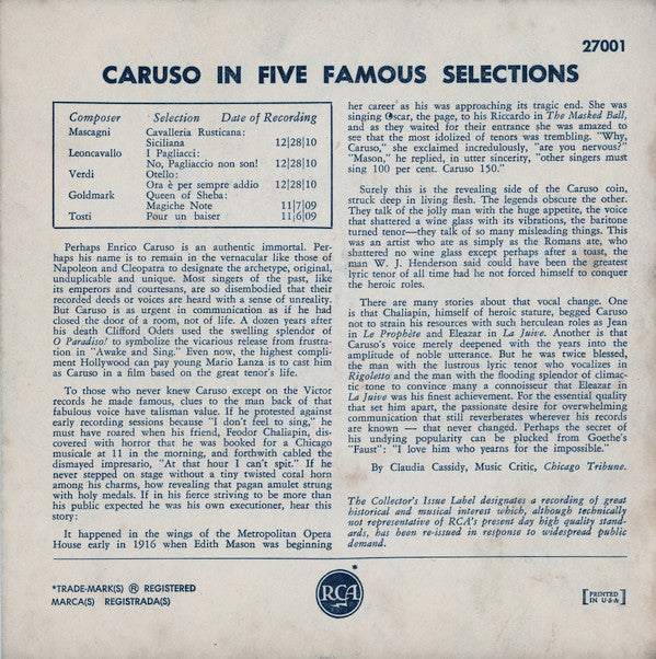 Enrico Caruso : Caruso Sings Five Famous Selections (7", EP)