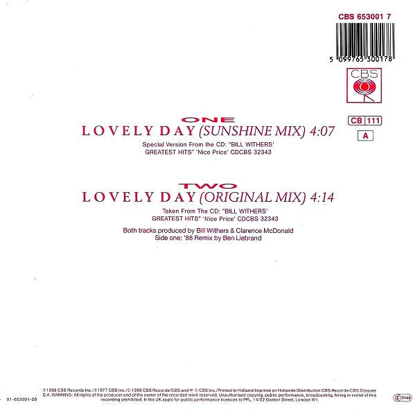 Bill Withers : Lovely Day (Sunshine Mix) (7", Single)