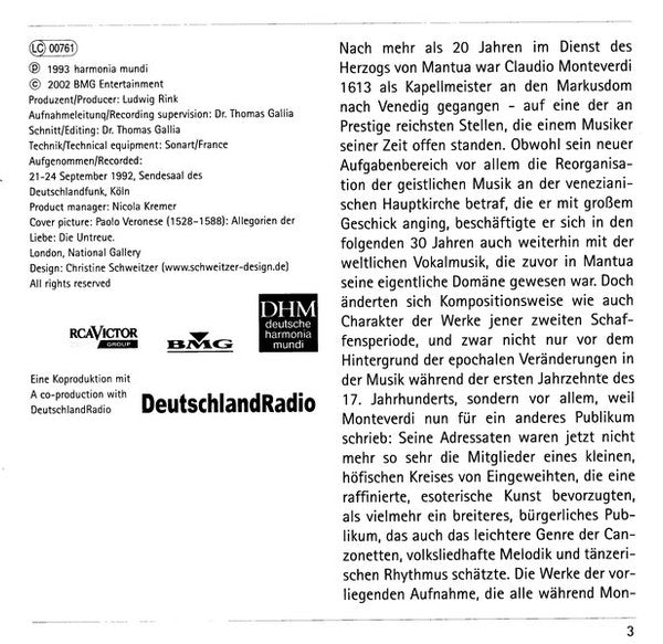 Claudio Monteverdi - Cantus Cölln, Konrad Junghänel : Madrigali Amorosi (CD, Album, RE)