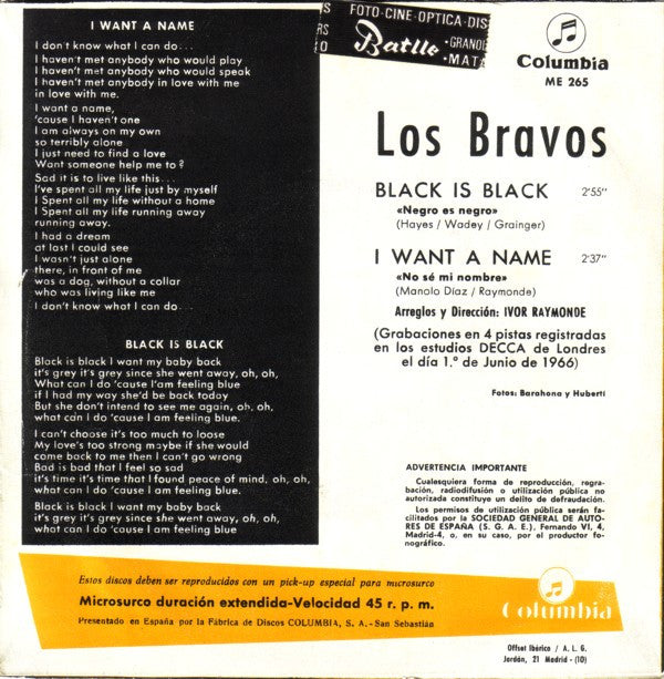 Los Bravos : Black Is Black / I Want A Name (7", Single, M/Print, Tri)