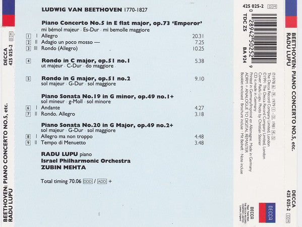 Ludwig van Beethoven, Radu Lupu, Zubin Mehta, Israel Philharmonic Orchestra : Piano Concerto No. 5 / Rondos Op. 51 / Sonatas Nos. 19 & 20 (CD, Comp)