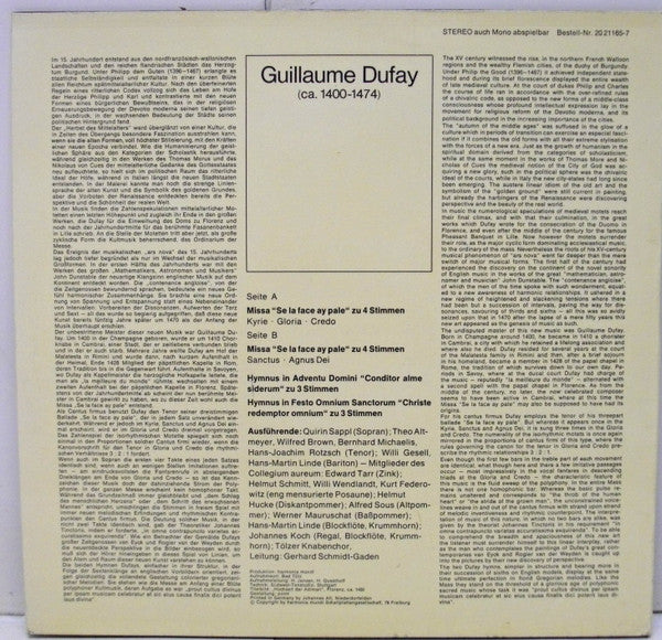 Guillaume Dufay, Tölzer Knabenchor, Collegium Aureum : Missa 'Se La Face Ay Pale'. Zwei Hymnen. (LP, Album)