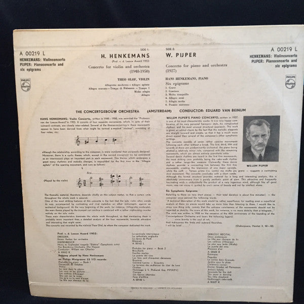 Theo Olof, Hans Henkemans, Willem Pijper, Eduard van Beinum, Concertgebouworkest : Theo Olof Plays The Concerto For Violin And Orchestra Of Hans Henkemans / Hans Henkemans Plays The Concerto For Piano And Orchestra Of Willem Pijper / Willem Pijper Six Epigrams (LP, Mono)