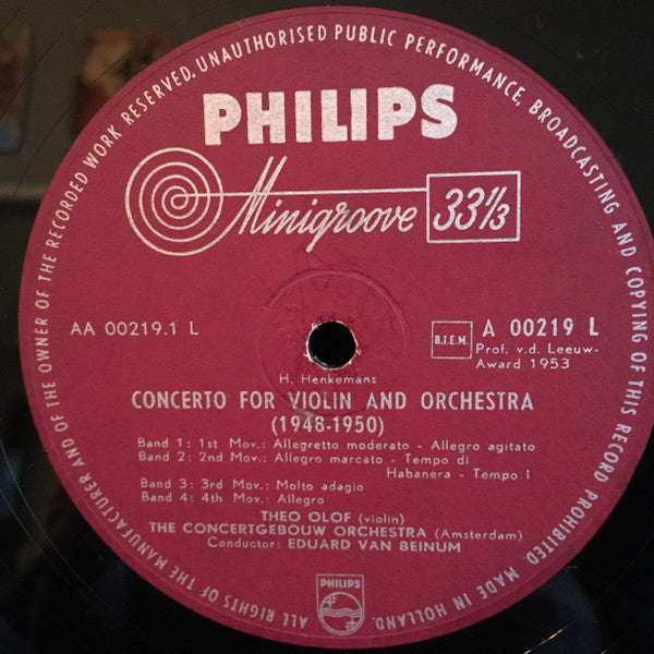 Theo Olof, Hans Henkemans, Willem Pijper, Eduard van Beinum, Concertgebouworkest : Theo Olof Plays The Concerto For Violin And Orchestra Of Hans Henkemans / Hans Henkemans Plays The Concerto For Piano And Orchestra Of Willem Pijper / Willem Pijper Six Epigrams (LP, Mono)