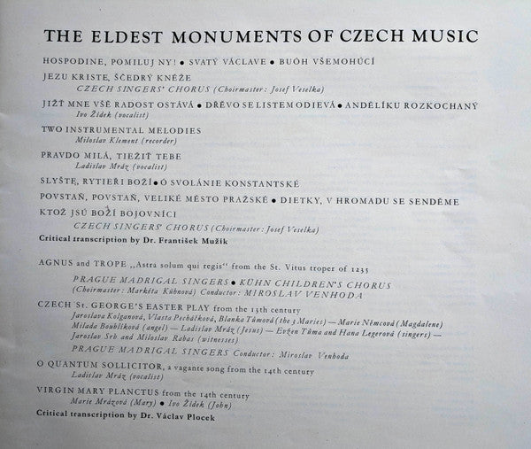 Prague Madrigal Singers, Czech Singers Chorus : The Eldest Monuments of Czech Music  (LP, Mono)