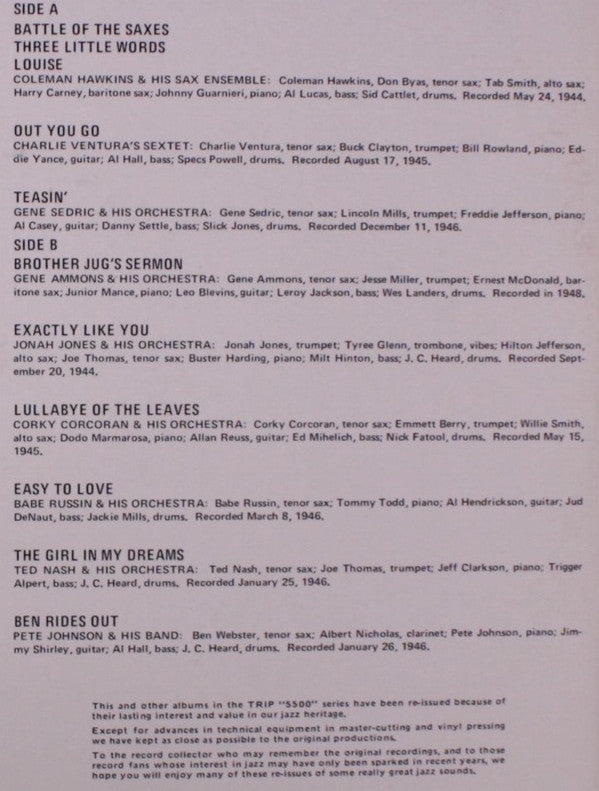 Various : Battle Of The Saxes Tenor All Stars 1945 (LP, Comp, Mono, RE)