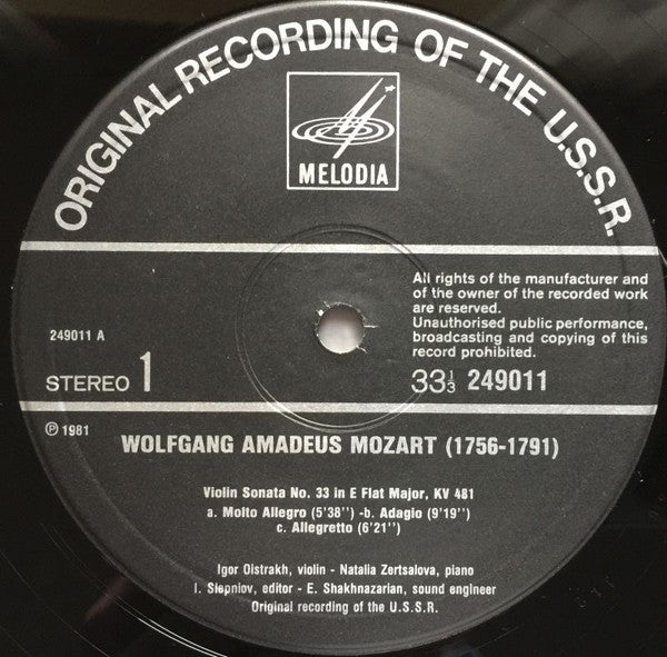 Wolfgang Amadeus Mozart, Igor Oistrach, Natalia Zertsalova : Sonatas for Violin and Piano No.33 In E-Flat, K.481, No.34 In A, K.526 (LP)