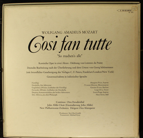 Wolfgang Amadeus Mozart - Margaret Price, Yvonne Minton, Lucia Popp, Luigi Alva, Geraint Evans, Hans Sotin, Otto Klemperer, New Philharmonia Orchestra : Cosi Fan Tutte   (4xLP + Box)