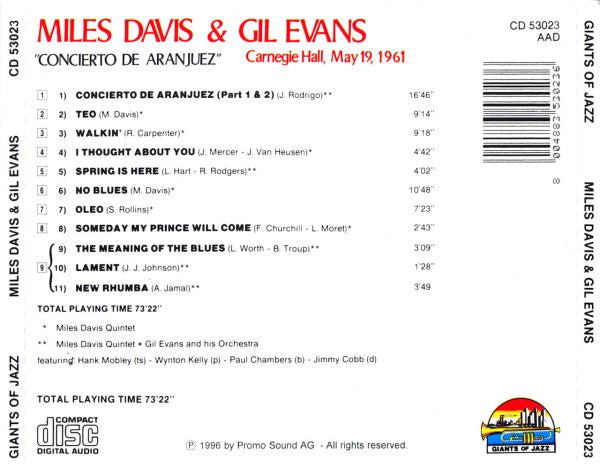 Miles Davis & Gil Evans / Hank Mobley, Wynton Kelly, Paul Chambers (3), Jimmy Cobb & Gil Evans And His Orchestra : Carnegie Hall, May 19, 1961 Miles Davis & Gil Evans "Concierto De Aranjuez"  (CD, Comp, RE)