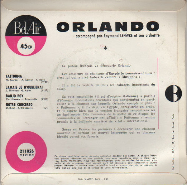 Orlando (7) Accompagné Par Raymond Lefèvre Et Son Grand Orchestre : Fattouma (7", EP)