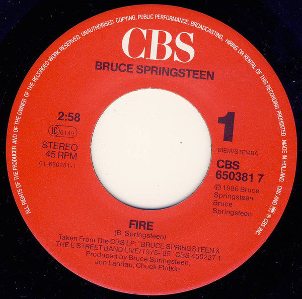 Bruce Springsteen & The E Street Band* : Fire (7", Single)