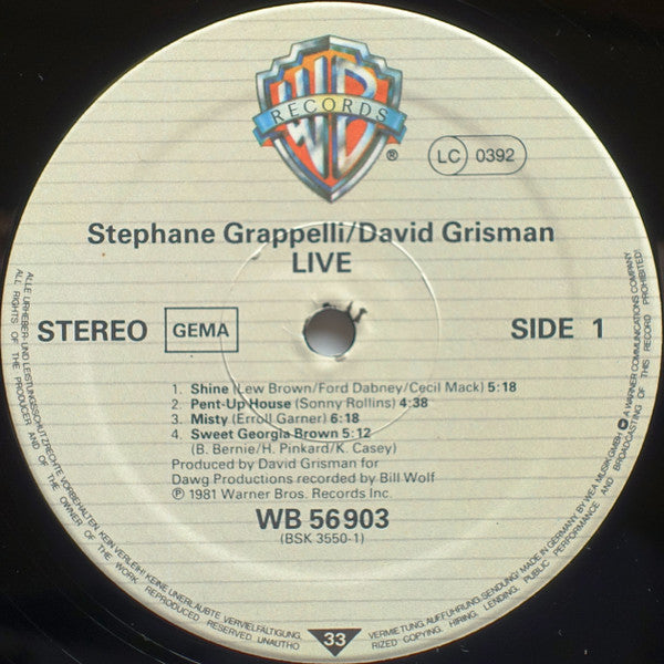 Stéphane Grappelli / David Grisman : Live (LP, Album, Gat)