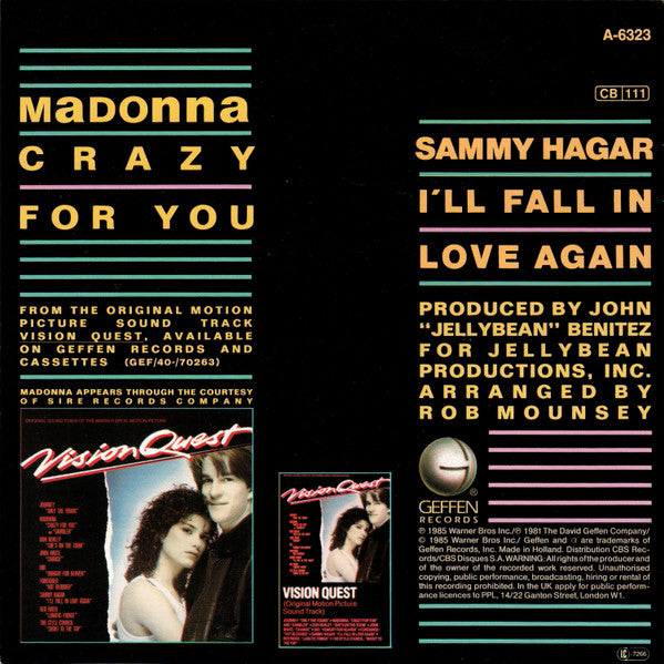 Madonna / Sammy Hagar : Crazy For You / I'll Fall In Love Again (7", Single)