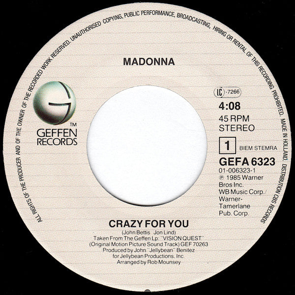 Madonna / Sammy Hagar : Crazy For You / I'll Fall In Love Again (7", Single)