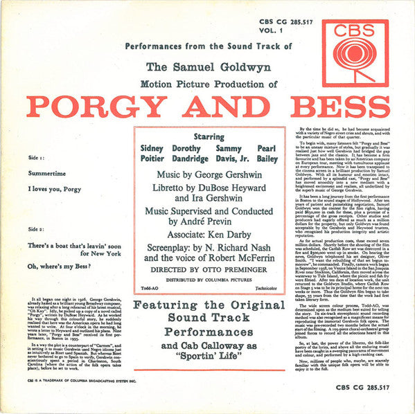 George Gershwin, DuBose Heyward, Ira Gershwin : An Original Sound Track Recording - The Samuel Goldwyn Motion Picture Production Of Porgy And Bess Vol. 1 (7")