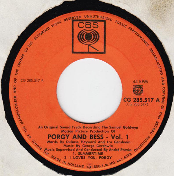George Gershwin, DuBose Heyward, Ira Gershwin : An Original Sound Track Recording - The Samuel Goldwyn Motion Picture Production Of Porgy And Bess Vol. 1 (7")