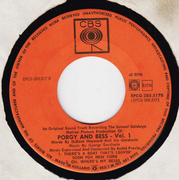 George Gershwin, DuBose Heyward, Ira Gershwin : An Original Sound Track Recording - The Samuel Goldwyn Motion Picture Production Of Porgy And Bess Vol. 1 (7")