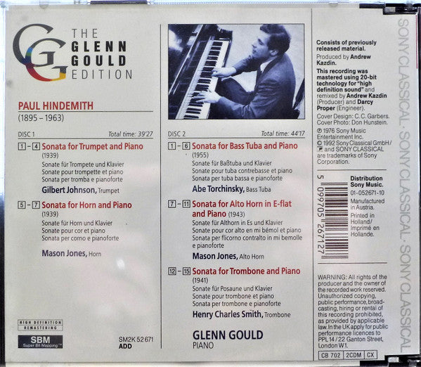 Glenn Gould, Paul Hindemith, Mason Jones (2), Abe Torchinsky, Gilbert Johnson, Henry Charles Smith : Sonatas For Brass And Piano = Bläsersonaten (2xCD, RM)