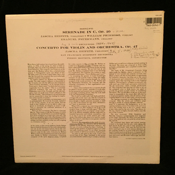 Jascha Heifetz, William Primrose, Emanuel Feuermann, Ernst von Dohnányi, Louis Gruenberg, Pierre Monteux, San Francisco Symphony : Dohnanyi Serenade In C  - Gruenberg Violin Concerto (LP, Album, Mono, RE)