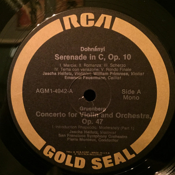 Jascha Heifetz, William Primrose, Emanuel Feuermann, Ernst von Dohnányi, Louis Gruenberg, Pierre Monteux, San Francisco Symphony : Dohnanyi Serenade In C  - Gruenberg Violin Concerto (LP, Album, Mono, RE)