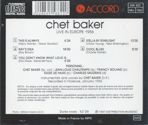 Chet Baker : Live In Europe 1956 (CD, Album, RE, RP)