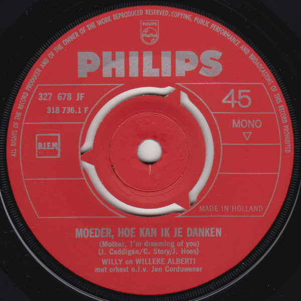 Willy & Willeke Alberti : Moeder, Hoe Kan Ik Je Danken? (7", Mono, Red)