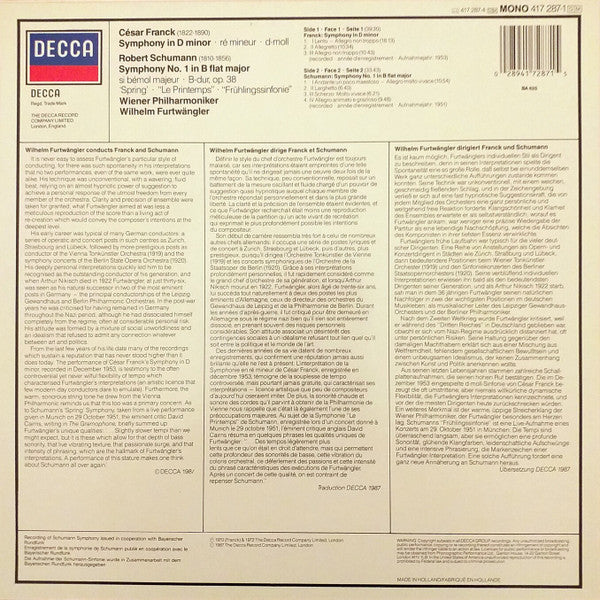 César Franck  /  Robert Schumann - Wilhelm Furtwängler, Wiener Philharmoniker : Symphony / Symphony No. 1 (LP, Comp, Mono, RM)