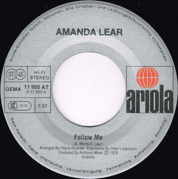 Amanda Lear : Follow Me (7", Single, Son)