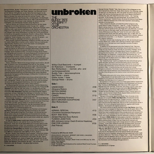The Buddy Tate Celebrity Club Orchestra : Unbroken (LP, Album, RE)