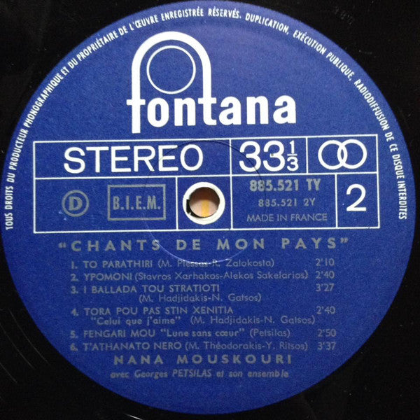 Nana Mouskouri : Chants De Mon Pays (LP, Album)