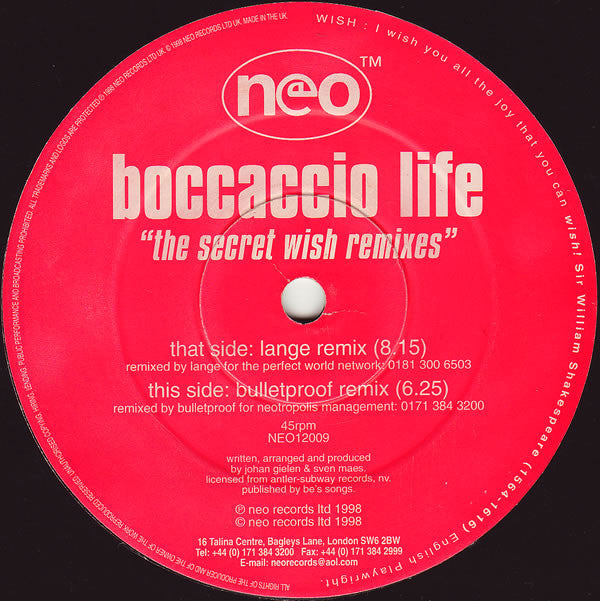 Boccaccio Life : The Secret Wish (Remixes) (12")