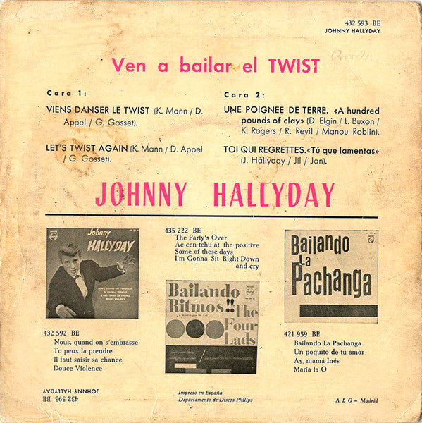 Johnny Hallyday : Ven A Bailar El Twist (7", EP, Mono, Pin)